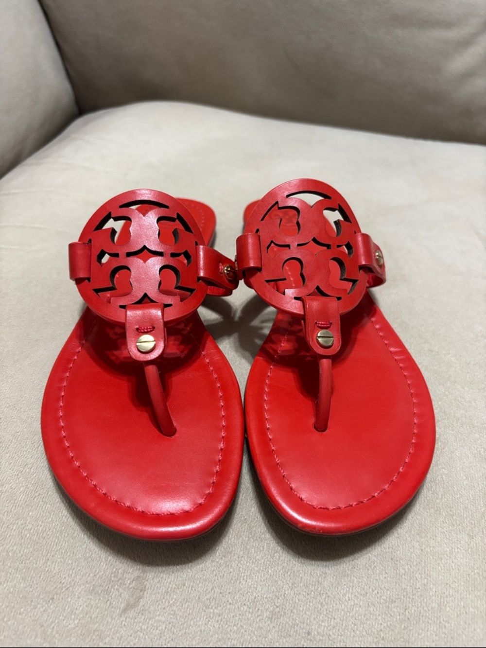 Tory Burch Red Leather Logo Thong Sandals